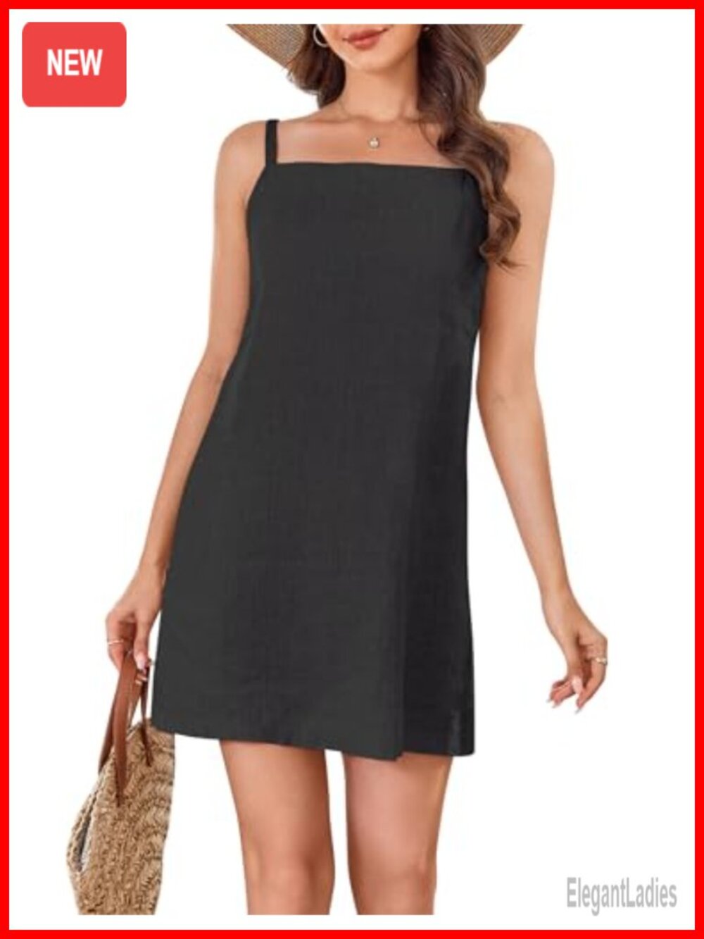 100% Linen Mini Dress Square Neck Adjustable Spaghetti Strap Sleeveless